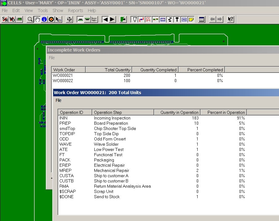 product job tracking mes software inspect assembly log data reports wip
