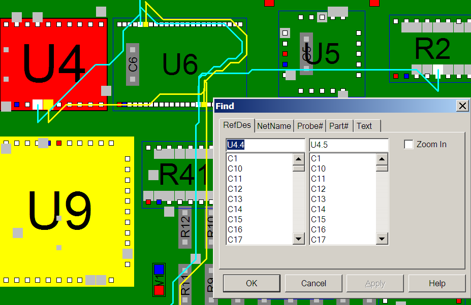 Netlist display and blink, Hyper-linked schematic & assembly,  Find Feature for components and single or multiple 'shorted traces'